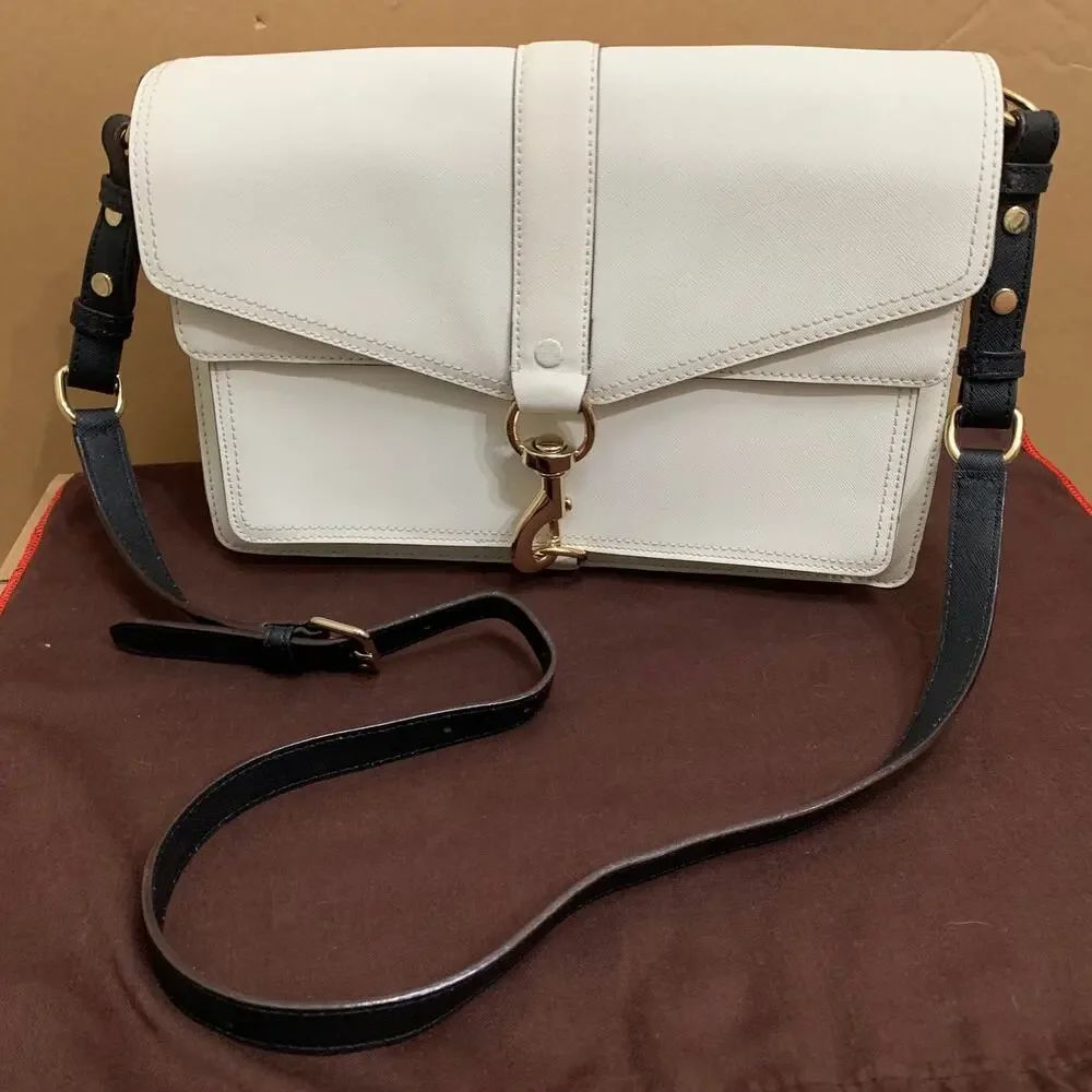REBECCA MINKOFF White Saffiano Leather HUDSON Flap Large Xbody Msgr Black Trim
